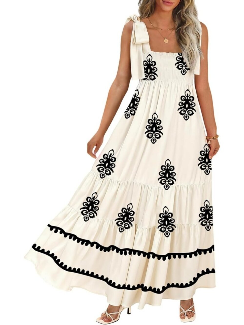 Women's Floral Black Apricot Spaghetti Strap Flowy Casual Long A-line Maxi Dress